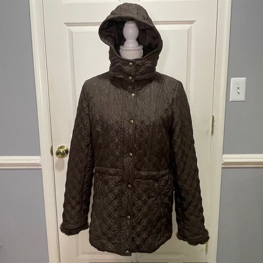 Marc New York Andrew Marc Quilted Brown Faux Fur Trim Hooded Coat Women's M